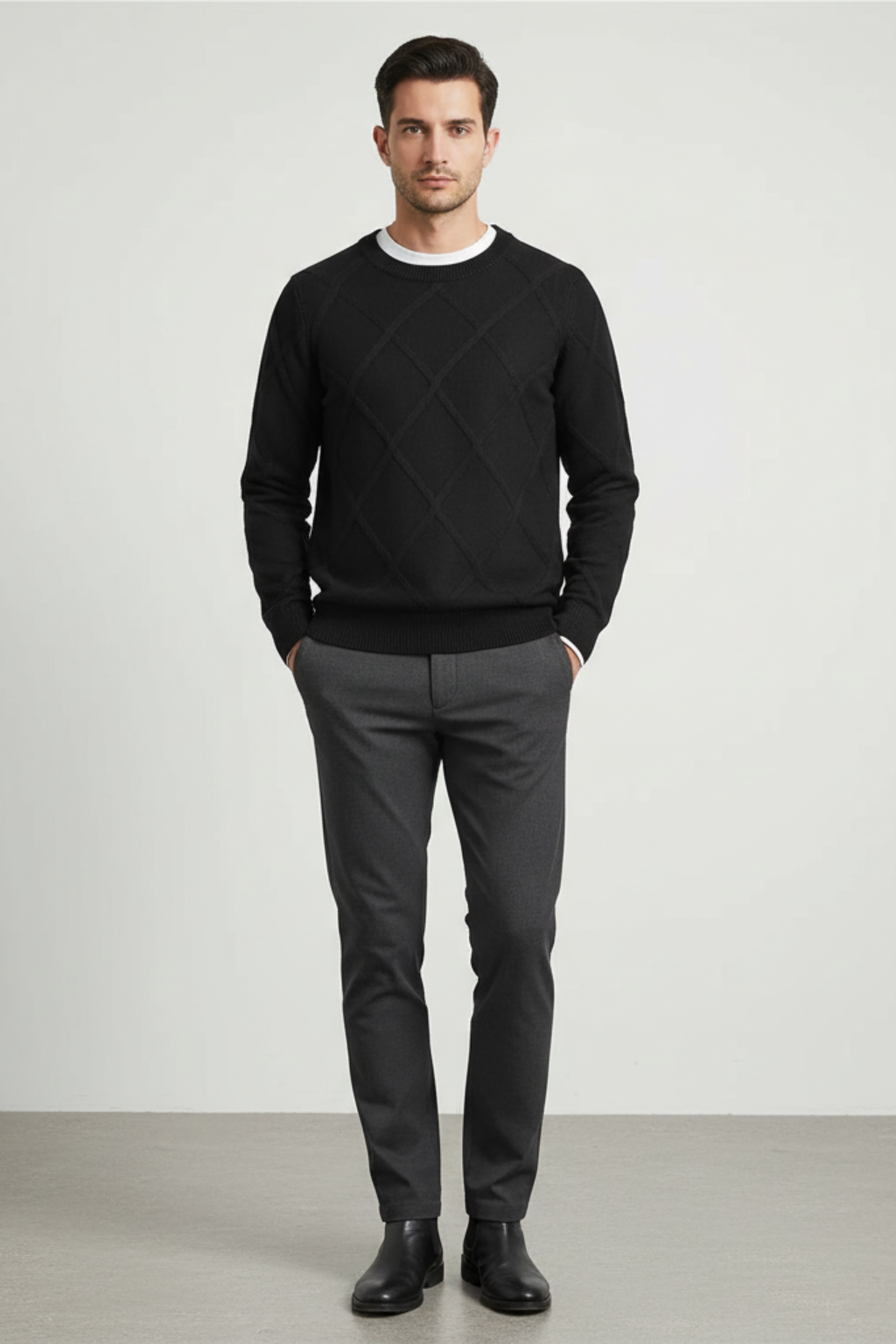 Men’s Wool Blend Diamond Knit Crew Neck Jumper Smart Knitted Sweater
