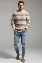 Men’s Winter Chunky Knitted Jumper Textured Crew Neck Sweater