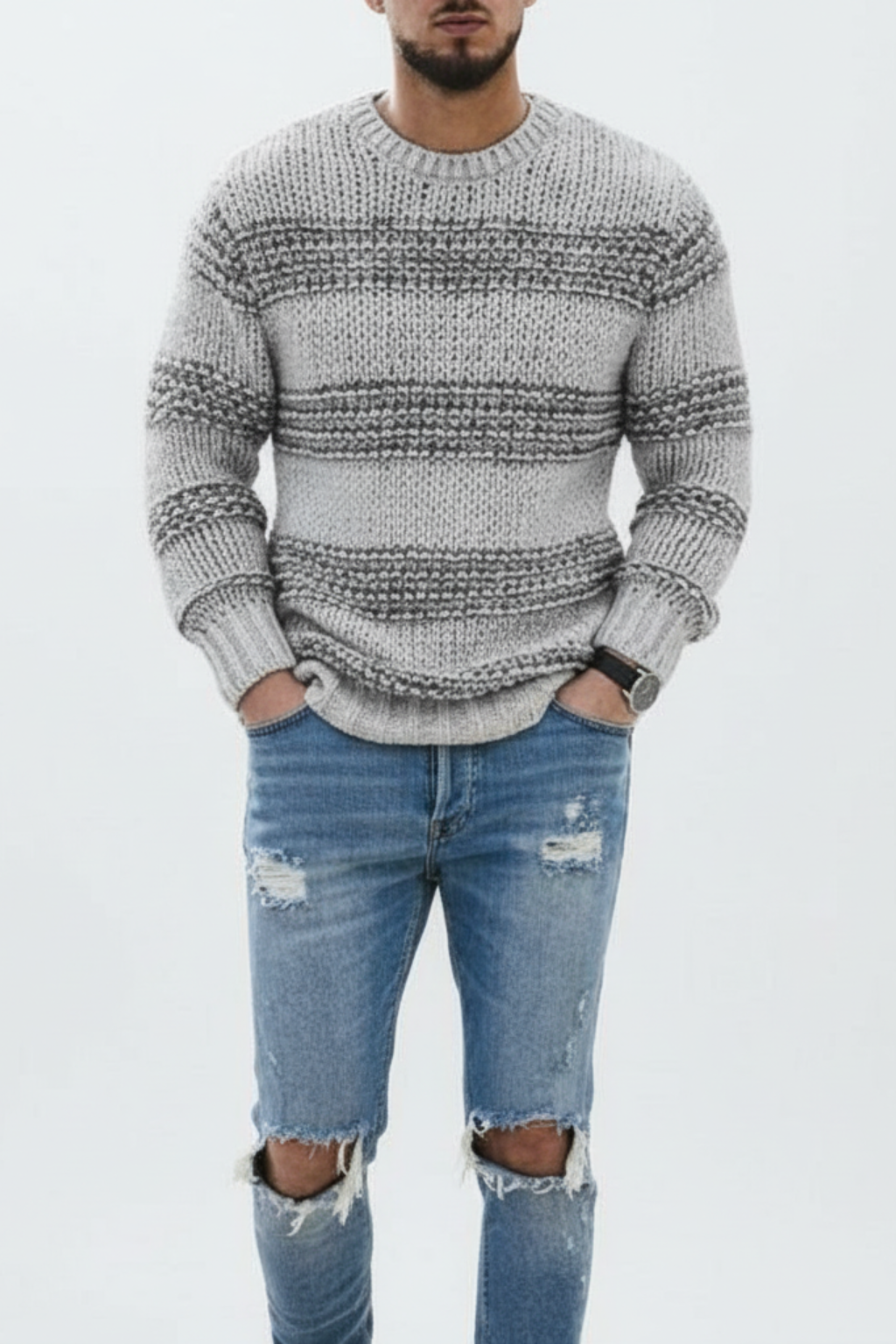 Men’s Winter Chunky Knitted Jumper Textured Crew Neck Sweater
