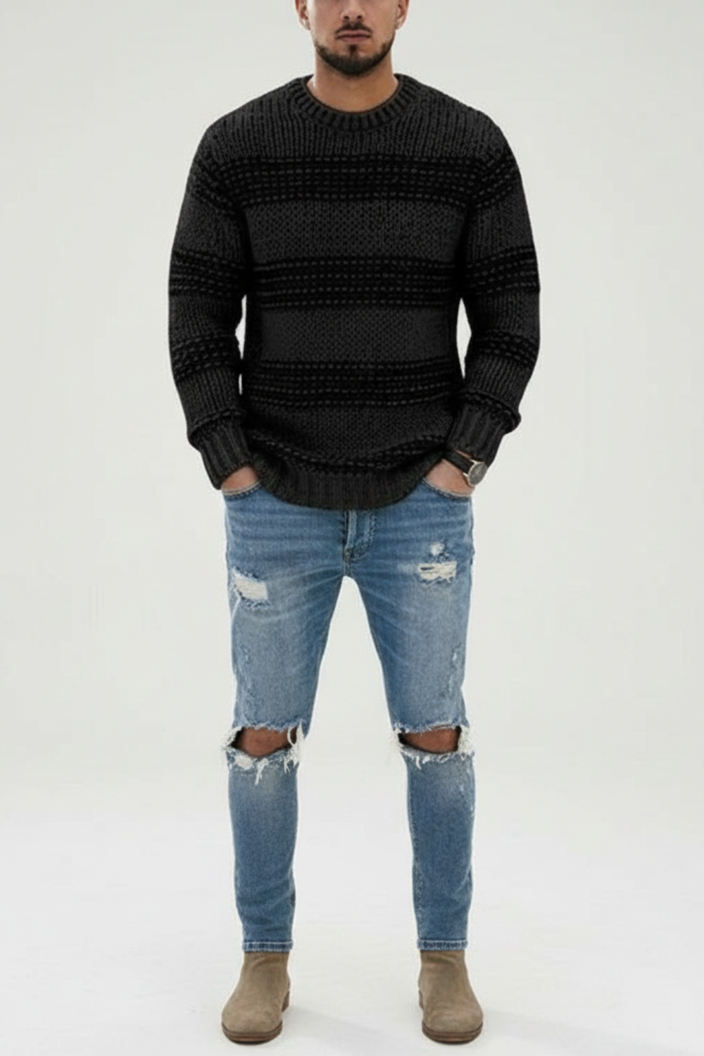 Men’s Winter Chunky Knitted Jumper Textured Crew Neck Sweater