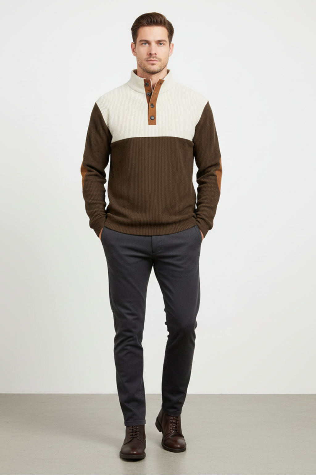 Men’s Winter Knitted Jumper Button Neck Chunky Knit Pullover