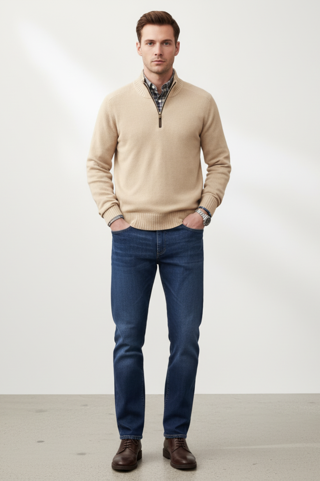 Men’s Wool Blend Half Zip Knitted Jumper Smart Casual Winter Sweater