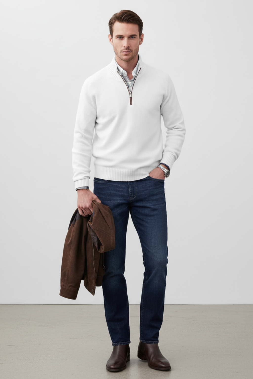 Men’s Wool Blend Half Zip Knitted Jumper Smart Casual Winter Sweater