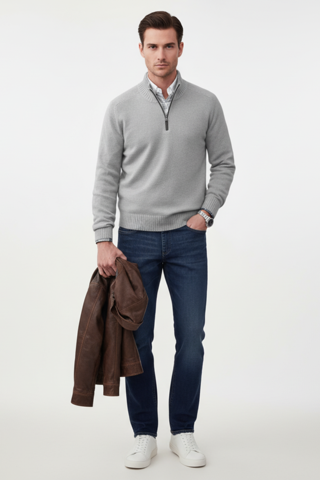 Men’s Wool Blend Half Zip Knitted Jumper Smart Casual Winter Sweater