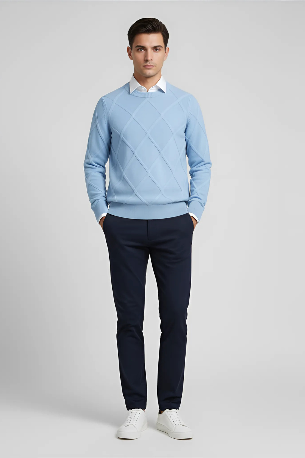 Men’s Wool Blend Diamond Knit Crew Neck Jumper Smart Knitted Sweater