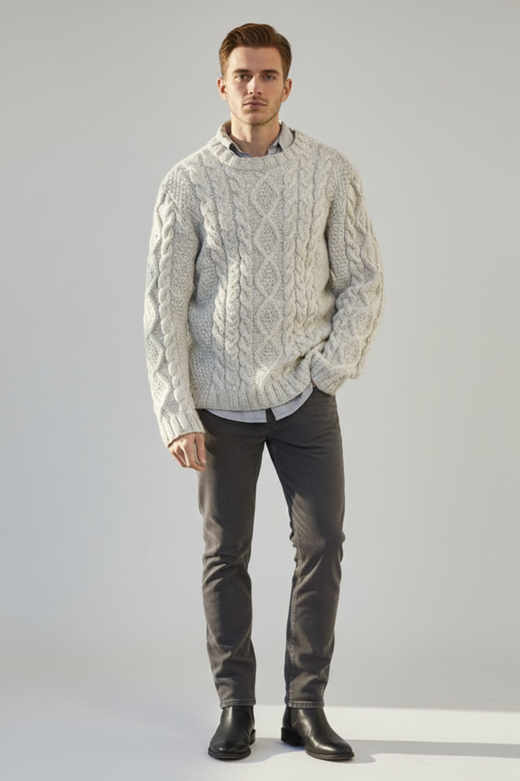 Men’s Old Money Style Grey Wool Cable Knit Sweater