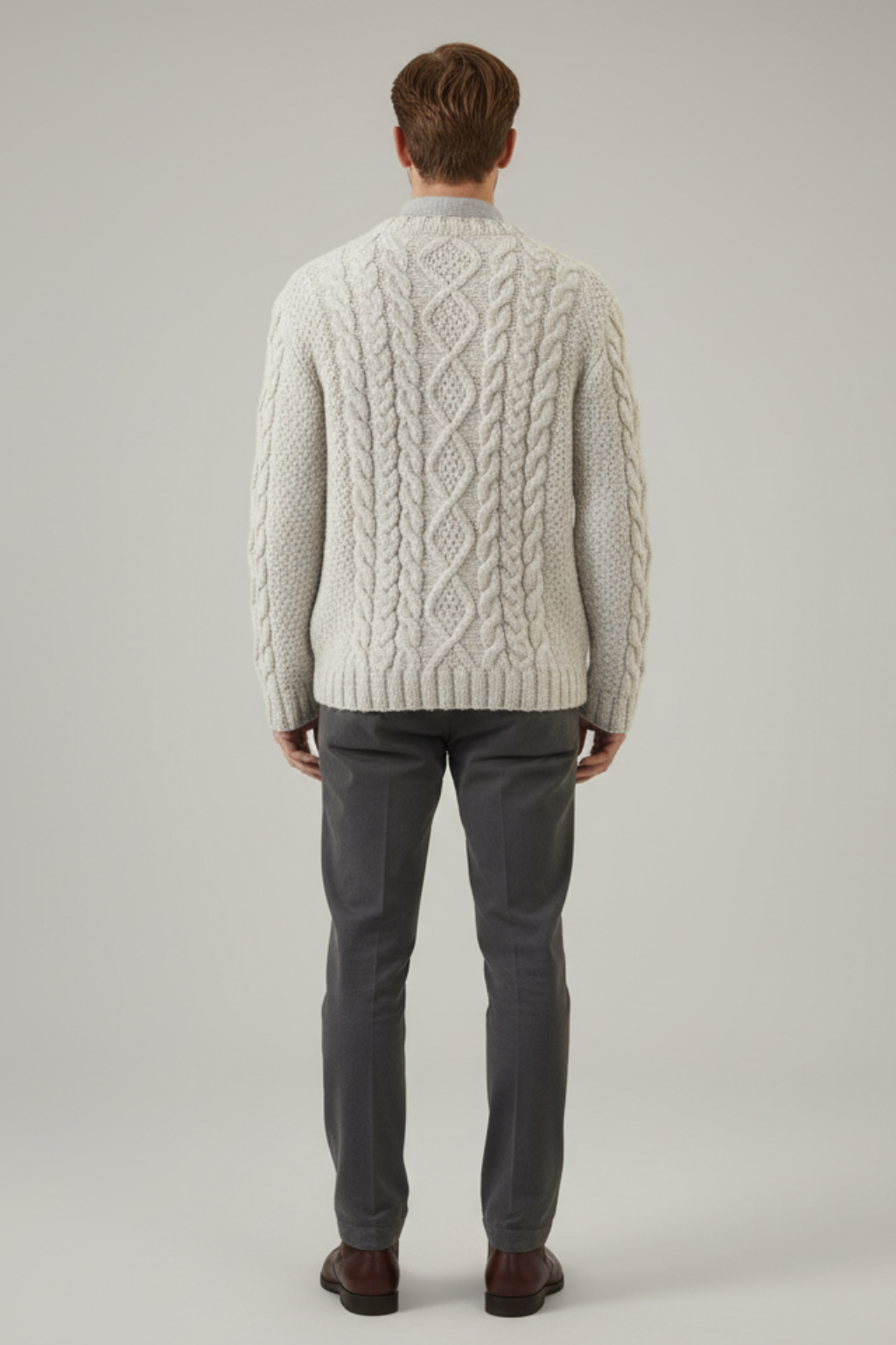 Men’s Old Money Style Grey Wool Cable Knit Sweater