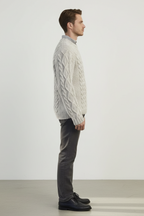Men’s Old Money Style Grey Wool Cable Knit Sweater