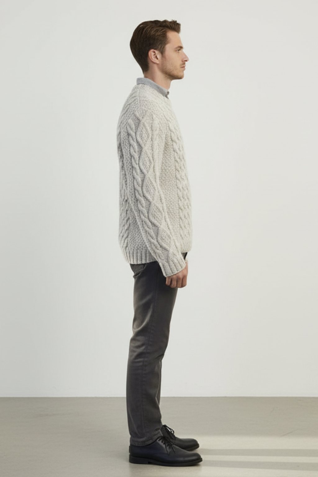 Men’s Old Money Style Grey Wool Cable Knit Sweater