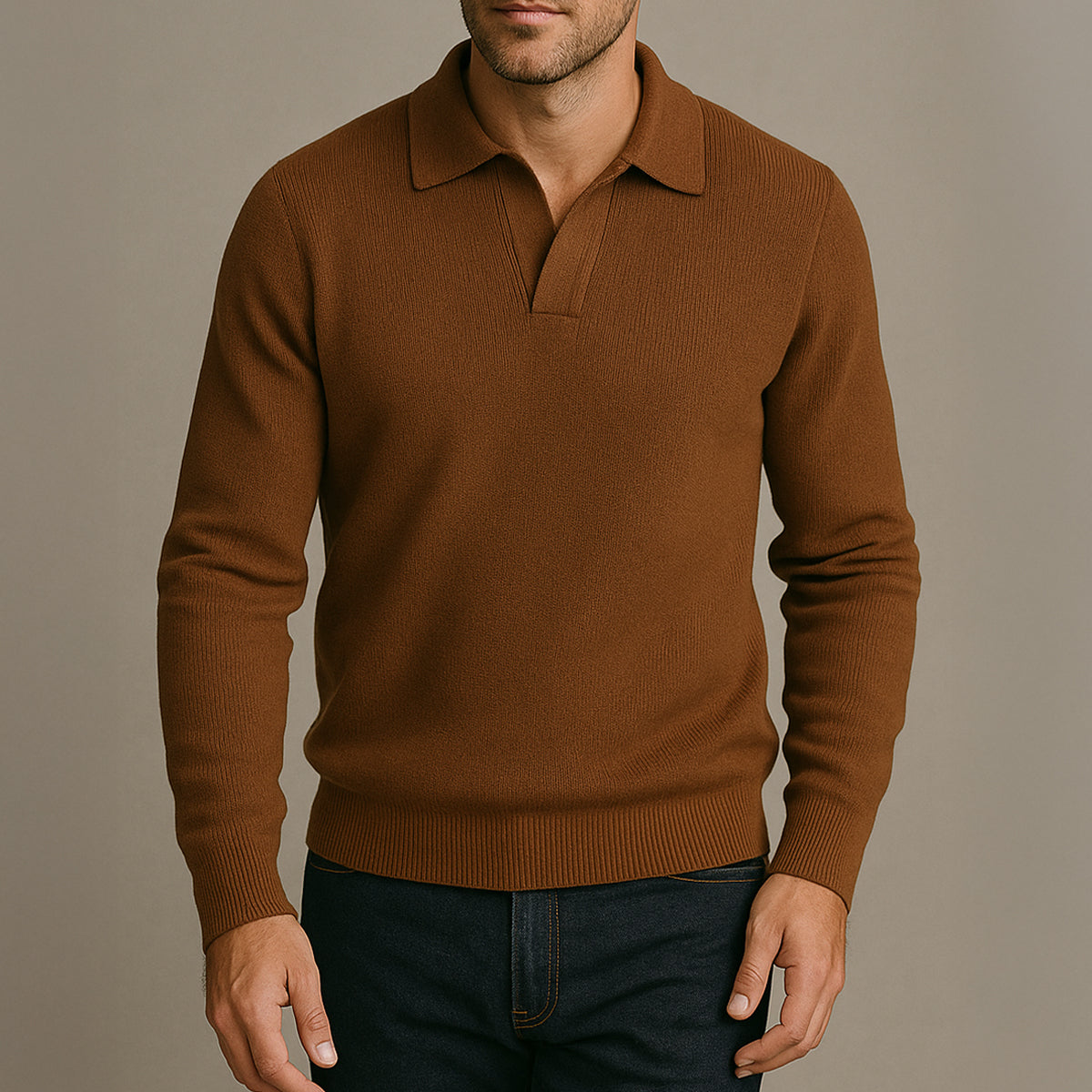 Men’s Light Grey Knitted Polo Jumper Open Collar Sweater