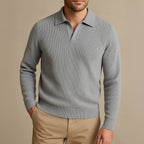 Men’s Light Grey Knitted Polo Jumper Open Collar Sweater