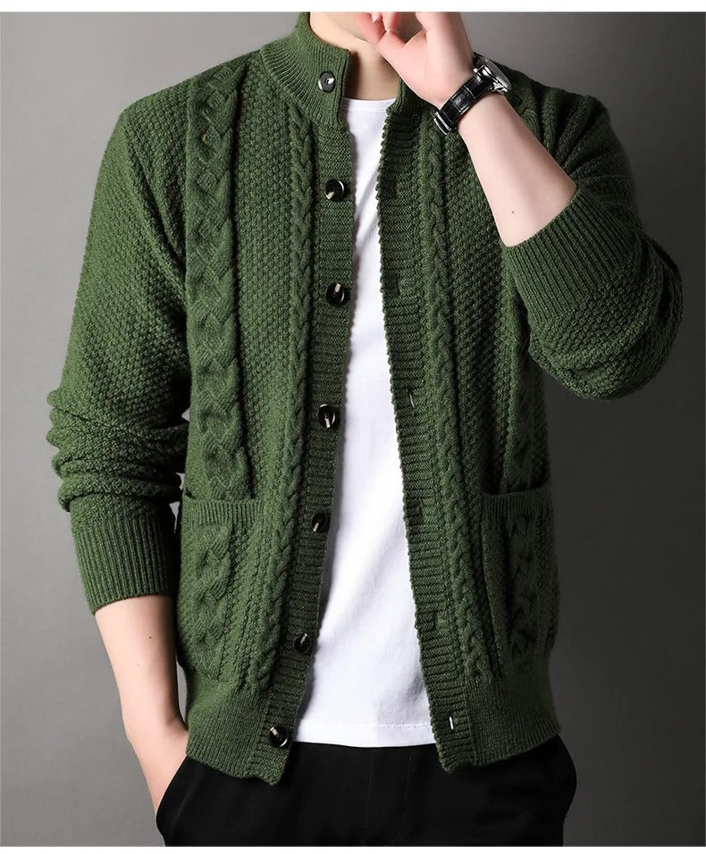 Men’s Cable Knit Cardigan Merino Wool Shawl Collar