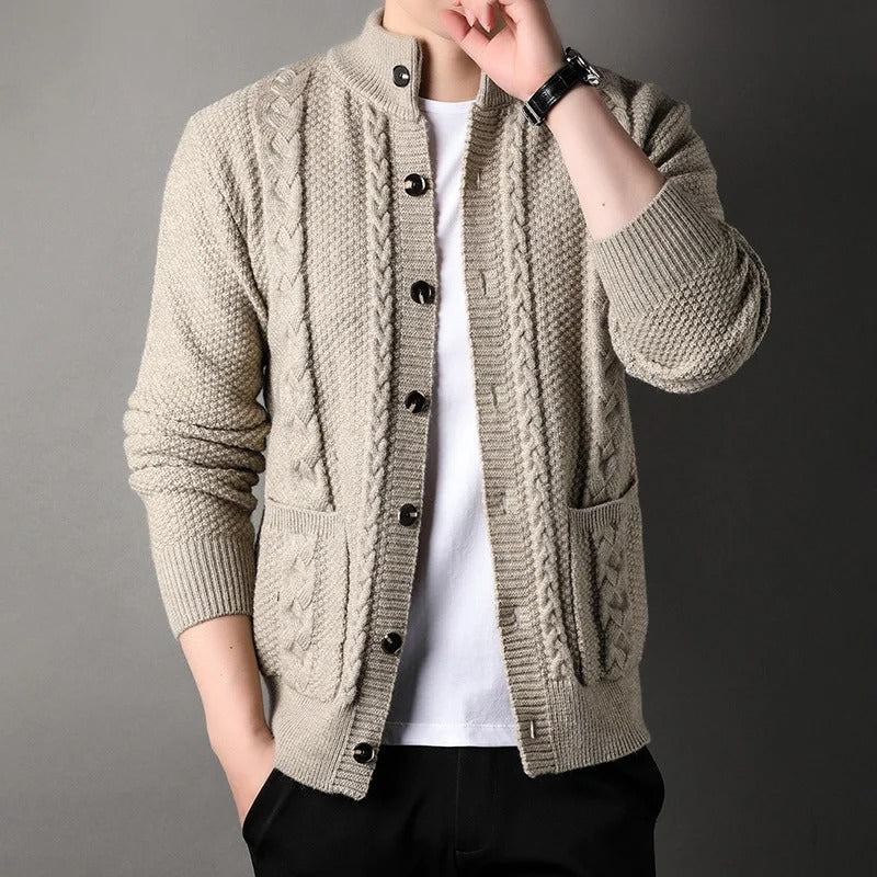 Men’s Cable Knit Cardigan Merino Wool Shawl Collar