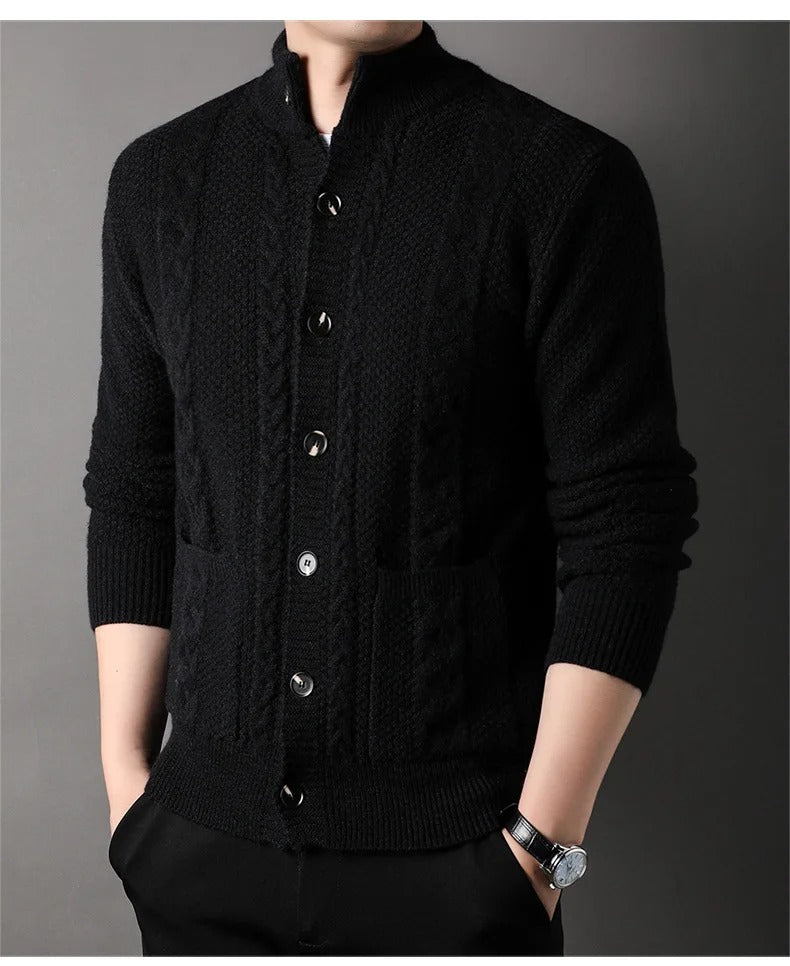 Men’s Cable Knit Cardigan Merino Wool Shawl Collar