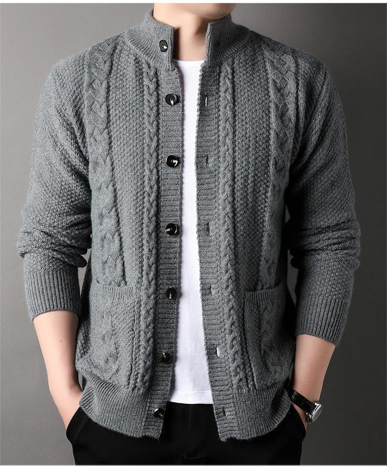 Men’s Cable Knit Cardigan Merino Wool Shawl Collar