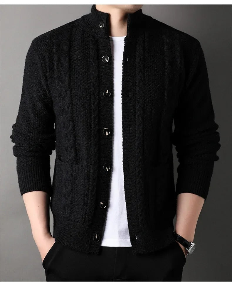 Men’s Cable Knit Cardigan Merino Wool Shawl Collar