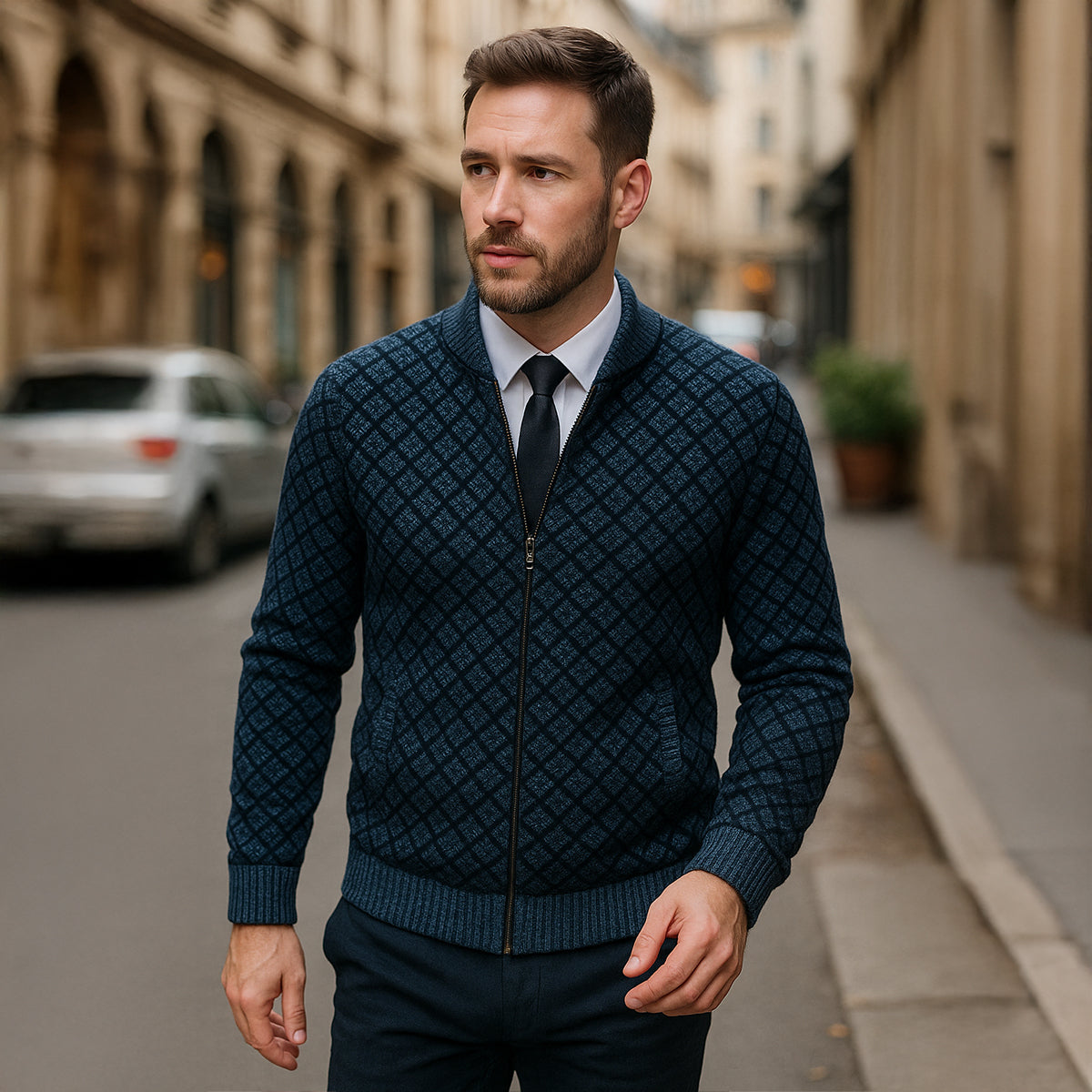 The Bibbona Knitted Diamond Pattern Zip Up Men’s Cardigan
