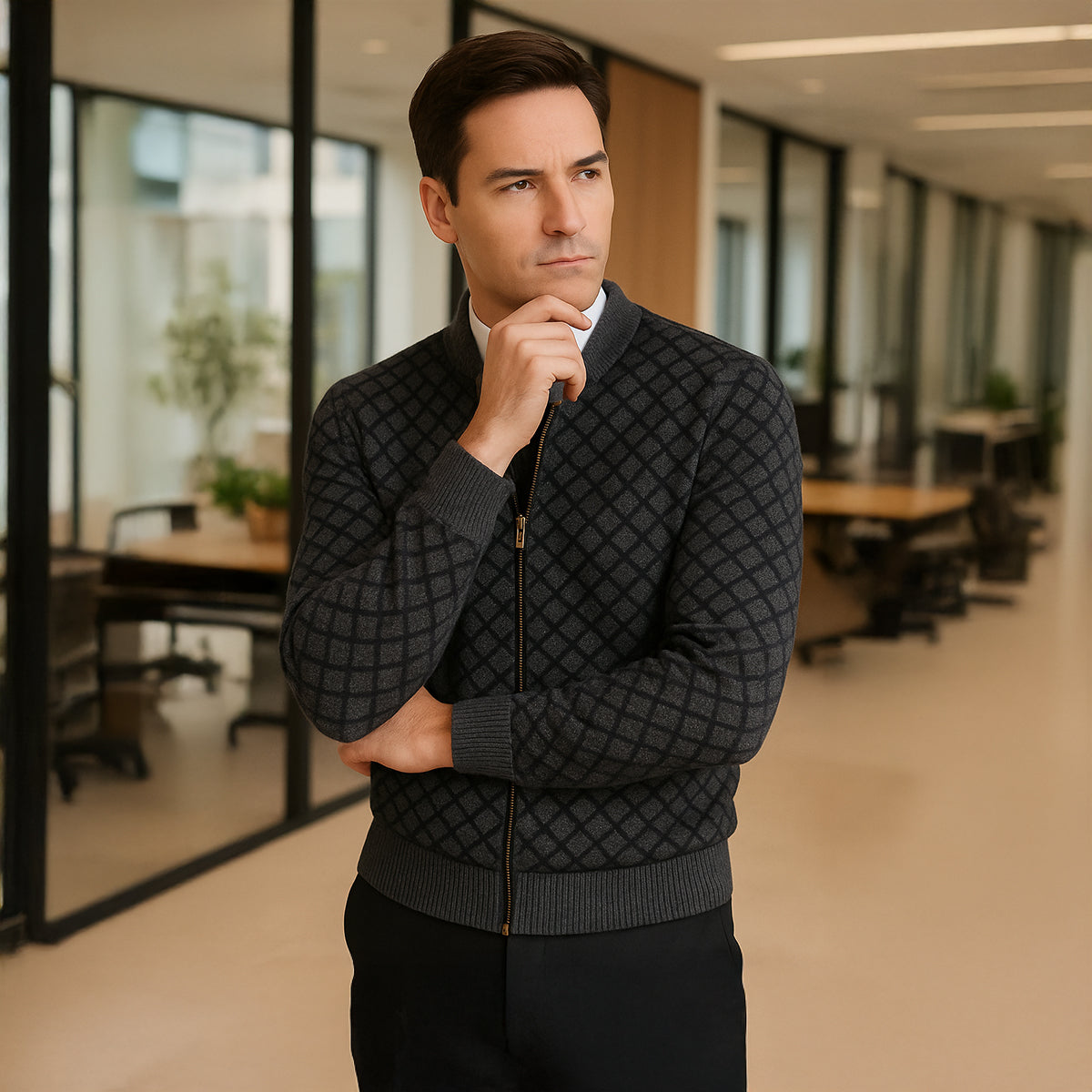 The Bibbona Knitted Diamond Pattern Zip Up Men’s Cardigan