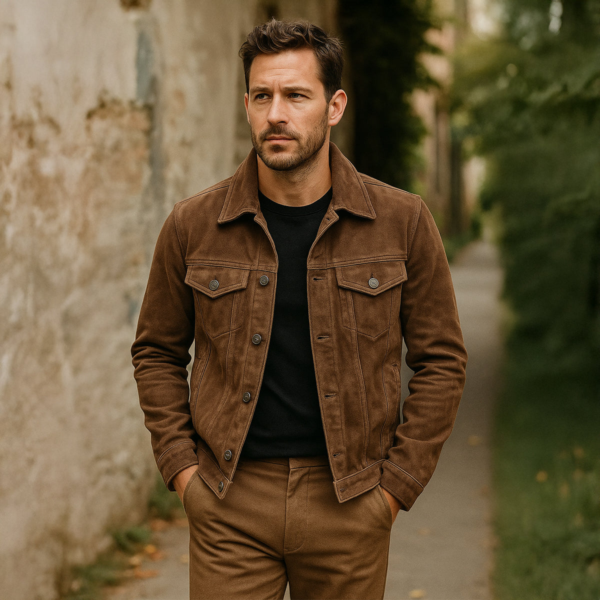 Men’s Suede Look Jacket Button Up Casual Lightweight Coat