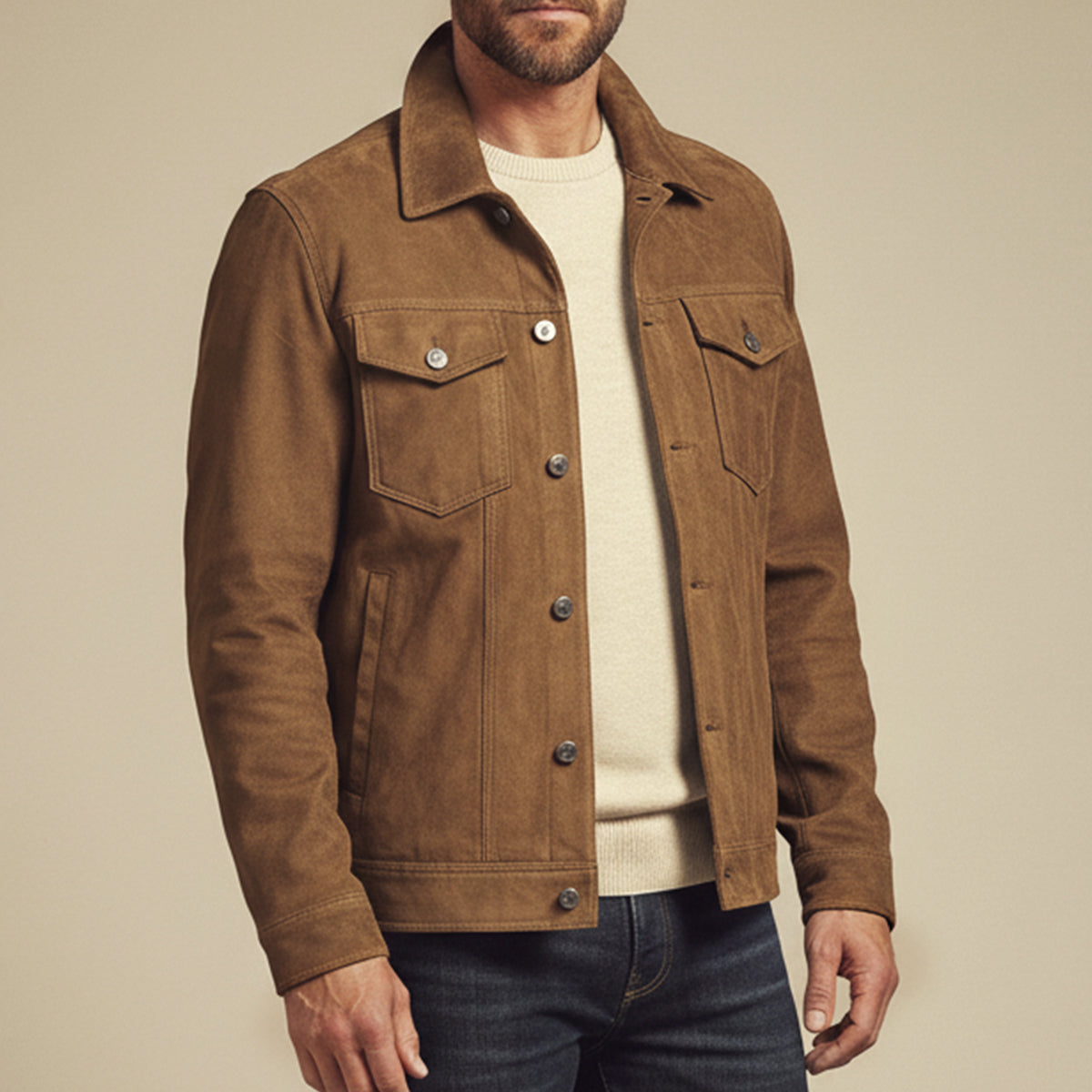 Men’s Suede Look Jacket Button Up Casual Lightweight Coat