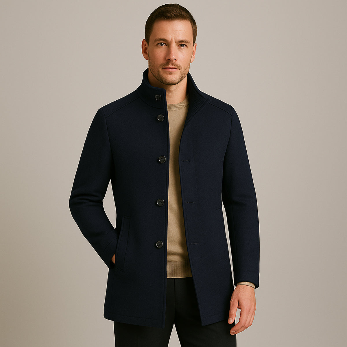 Men’s Wool Blend Winter Coat Smart Stand Collar Button Up Jacket