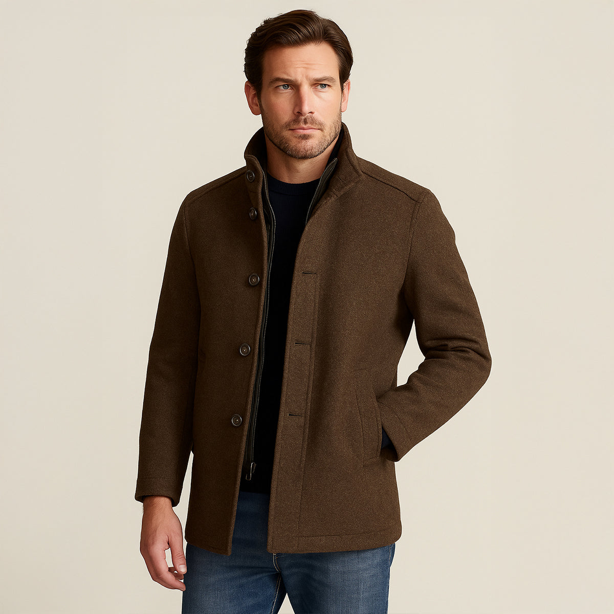 Men’s Wool Blend Winter Coat Smart Stand Collar Button Up Jacket