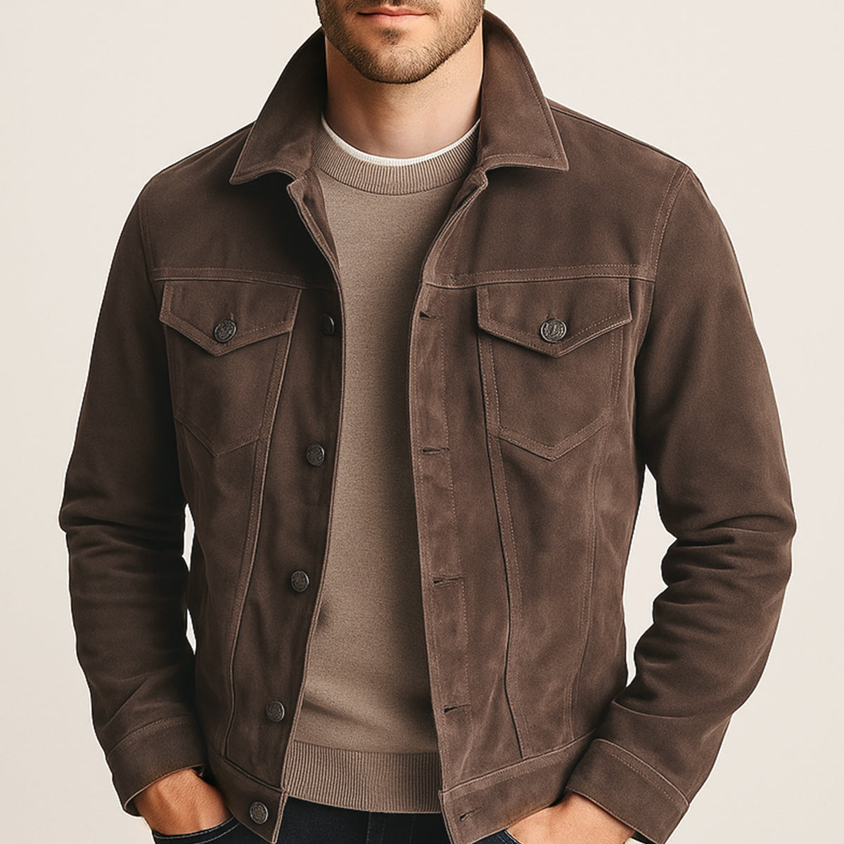 Men’s Suede Look Jacket Button Up Casual Lightweight Coat